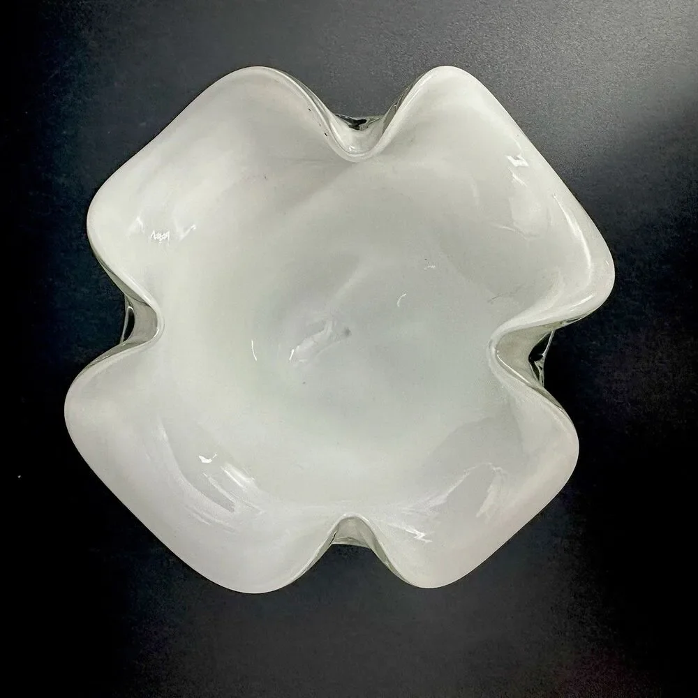 Vtg White Cased Art Glass Handkerchief Bowl MCM Sculptural Decor Murano Style